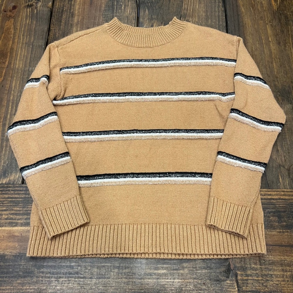 Talbots Petite Striped Sweater Tan Black White Metallic Knit‎ Top, cotton blend